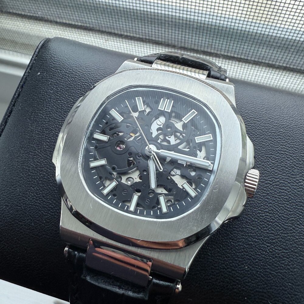 seiko mod black skeleton nautilus automatic watch